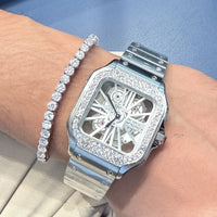 Diamond Skeleton Square Dial Watch with Tennis Bracelet