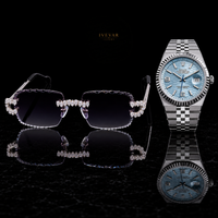 Luxury Pear Cut Moissanite Diamond Sunglasses with Ice Blue Stainless Steel Watch Combo Set By Ivevar
