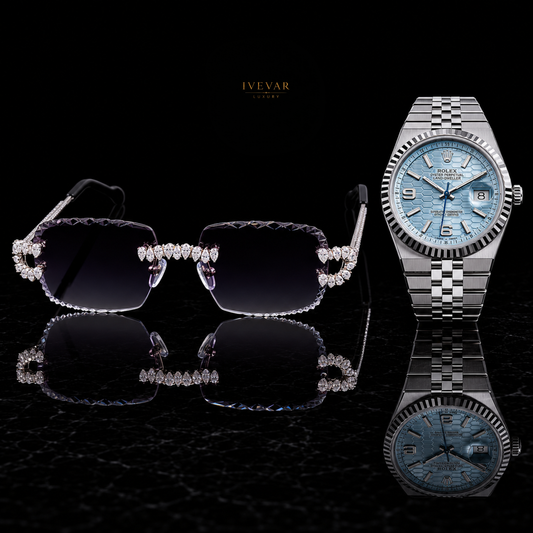 Luxury Pear Cut Moissanite Diamond Sunglasses with Ice Blue Stainless Steel Watch Combo Set By Ivevar