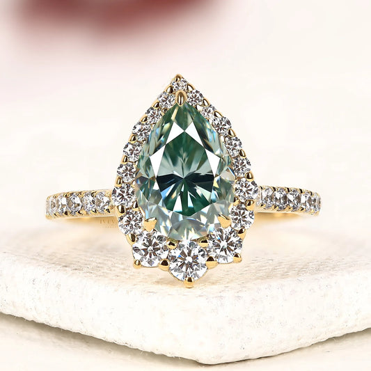 Green Pear Cut Lab Diamond Halo Ring with Pave Band