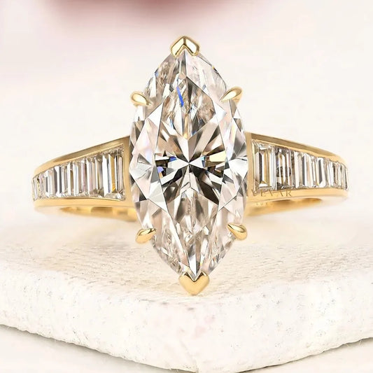 Marquise Cut Lab Diamond Ring with Baguette Side Stones