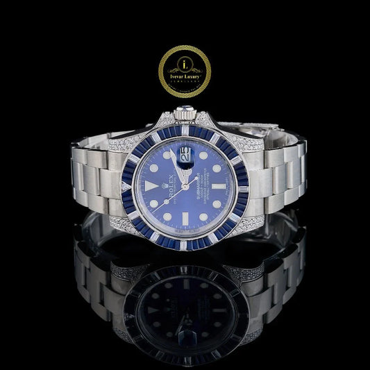 Blue Sapphire Bezel Diver Watch with Blue Dial & Diamond Lugs Oyster Bracelet