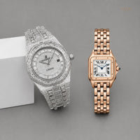 Diamond-Inspired Statement Watch For Men's And Rose Gold Classic Set For Women