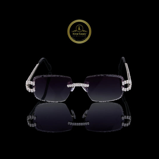 Oval Cut Diamond Premium Crystal Studded Rimless Sunglasses with Luxury Diamond Inspired Detailing