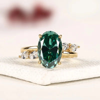 Oval Green Sapphire Three Stone Lab Grown Diamond Engagement Ring
