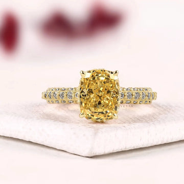Yellow Radiant Cut Hidden Halo with Pave Band Moissanite Diamond Ring