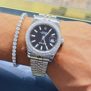 Diamond Bezel Black Dial Date Watch with Tennis Bracelet