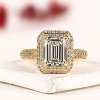 Double Halo with Hidden Emerald Cut Moissanite Diamond Engagement Ring