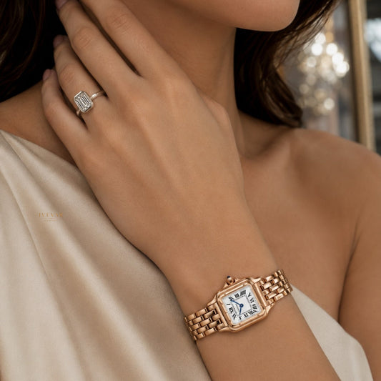 Timeless Grace Collection Rose Gold Watch with Emerald Cut Moissanite Diamond Ring