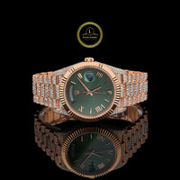 Rose Gold Day-Date Watch with Green Dial Fluted Bezel & Pave Bracelet