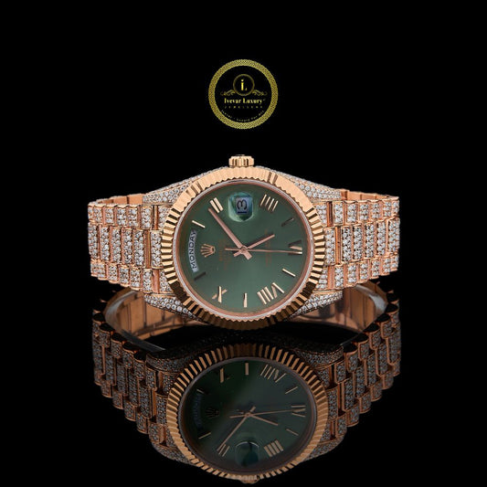 Rose Gold Day-Date Watch with Green Dial Fluted Bezel & Pave Bracelet