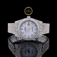 Full Iced Out Round Diamond Calendar Watch with Diamond Roman Numeral Dial