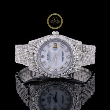 Full Iced Out Round Diamond Calendar Watch with Diamond Roman Numeral Dial