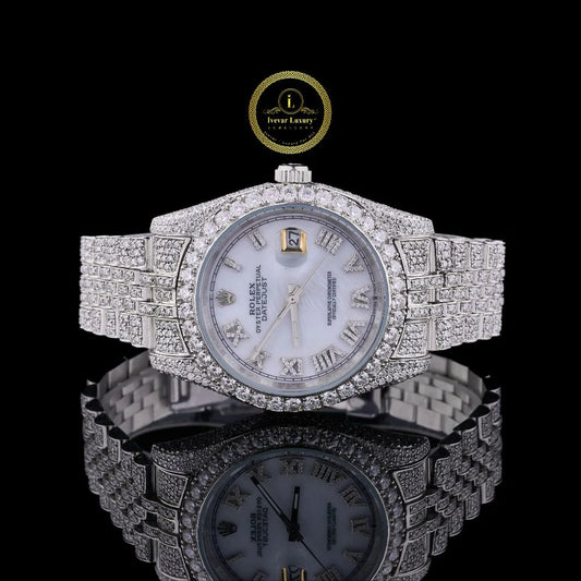 Full Iced Out Round Diamond Day-Date Watch with Diamond Roman Numeral Dial