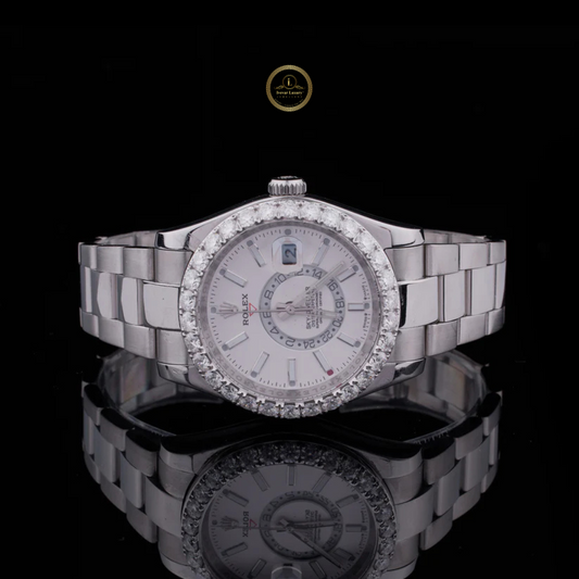 Round Cut Lab Diamond Bezel Sky-Dweller Style Watch with Oyster Bracelet