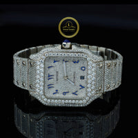 Full Iced Out Diamond Square Watch with Blue Arabic Numerals & Pavé Bracelet