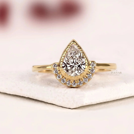 Halo Setting Pear Cut Lab Diamond Engagement Ring