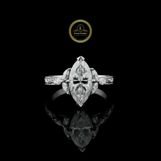 Vintage Marquise Moissanite Diamond Solitaire Ring With Sidestone