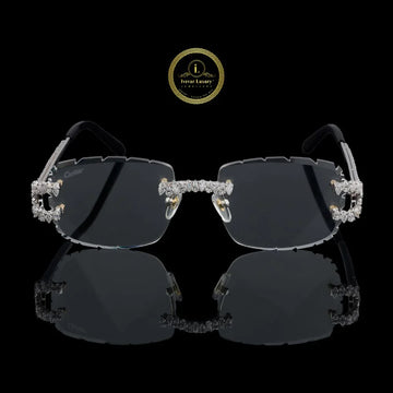 Rimless Rectangular Diamond Sunglasses with Floral Bridge & Open-Loop Diamond Hinges