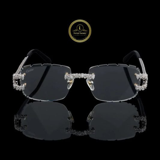 Rimless Rectangular Diamond Sunglasses with Floral Bridge & Open-Loop Diamond Hinges