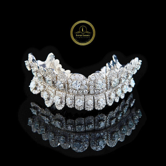Custom Symmetrical Top and Bottom Dental Caps Featuring Raised Lab Diamonds