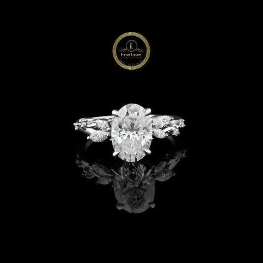 Oval Cut Lab Diamond Engagement Ring With Marquise Cluster Side Stones