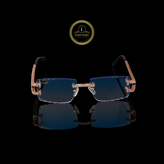 Iced Out Custom Diamond Sunglasses with Blue Rimless Lenses