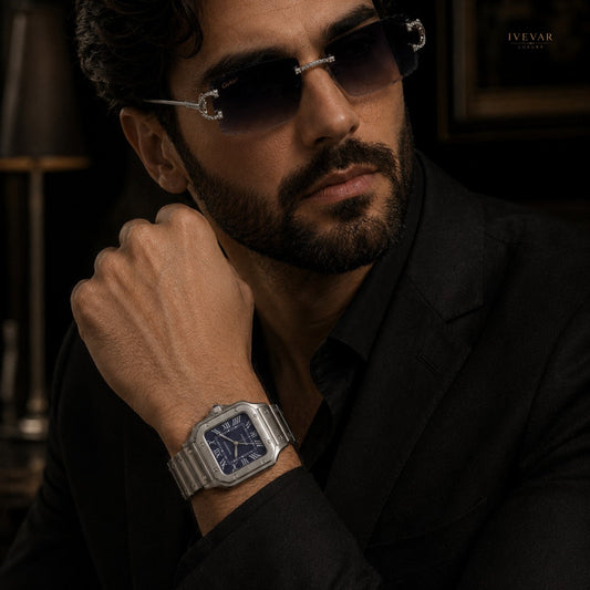 Royal Prestige Set – Blue Dial Luxury Watch And Crystal-Accent Sunglasses By Ivevar
