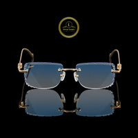 Luxury Rimless Rectangular Gold Sunglasses with Blue Gradient Diamond-Cut Lenses