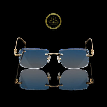 Luxury Rimless Rectangular Gold Sunglasses with Blue Gradient Diamond-Cut Lenses
