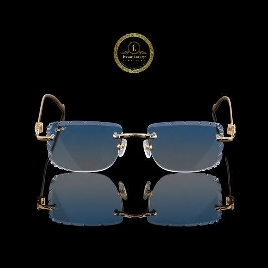 Luxury Rimless Rectangular Gold Sunglasses with Blue Gradient Diamond-Cut Lenses