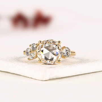 Round Rose Cut Cluster Moissanite Diamond Engagement Ring