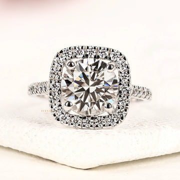 Round Cut Moissanite Diamond Cushion Halo Engagement Ring
