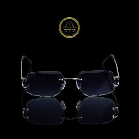Rimless Rectangular Silver Sunglasses with Smoke Gradient Diamond-Cut Lenses