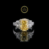 Yellow Cushion Cut Lab Grown Diamond Ring with Side Stone
