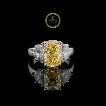 Yellow Cushion Cut Lab Grown Diamond Ring with Side Stone