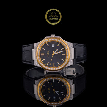 Luxury Diamond-Set Black Dial Bezel Diamond Leather Strap Watch