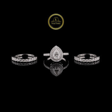 Pear Halo Moissanite Diamond 3 Piece Bridal Ring Set With Half Eternity Band