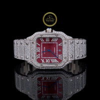 Full Iced Out Round Cut Diamond Square Automatic Watch with Red Roman Numeral Dial