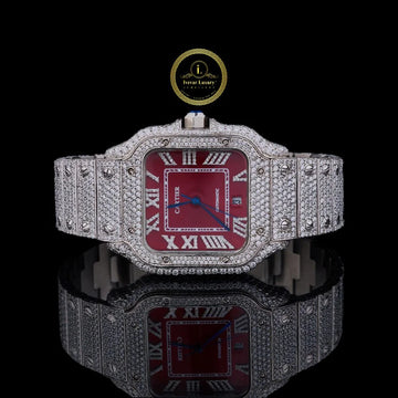 Full Iced Out Round Cut Diamond Square Automatic Watch with Red Roman Numeral Dial