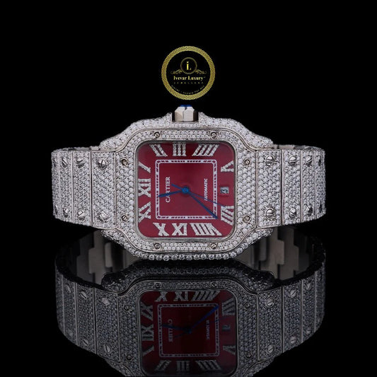 Full Iced Out Round Cut Diamond Square Automatic Watch with Red Roman Numeral Dial