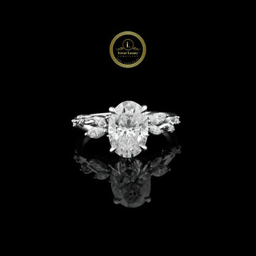 Oval Cut Moissanite Diamond Ring with Marquise Cluster Side Stones