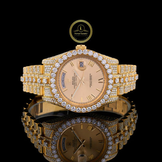 Full Iced Out Round Diamond Day-Date Watch with Champagne Roman Numeral Dial