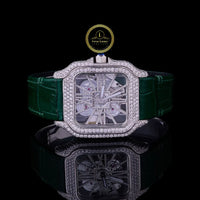 Round Cut Diamond Skeleton Square Automatic Watch with Green Leather Strap