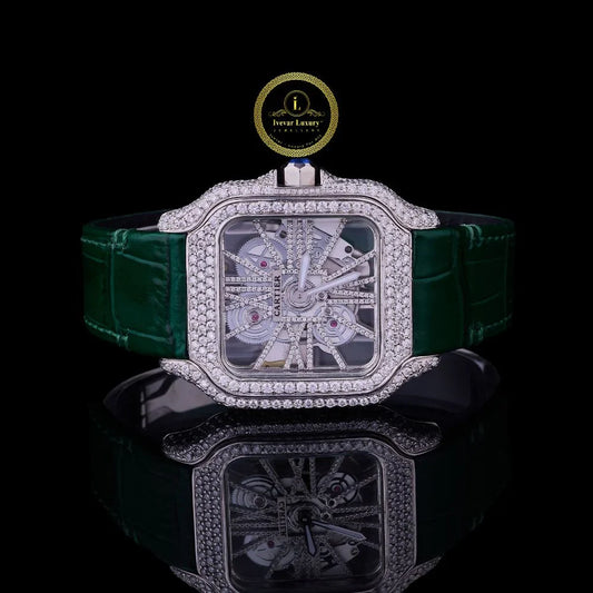 Round Cut Diamond Skeleton Square Automatic Watch with Green Leather Strap