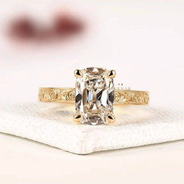 Radiant Cut Engraved Solitaire Moissanite Diamond Engagement Ring