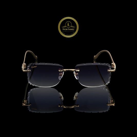 Rimless Rectangular Sunglasses with Deep Blue Gradient Crystal-Cut Lenses