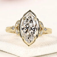 Marquise Cut Moissanite Diamond Ring with Milgrain Band