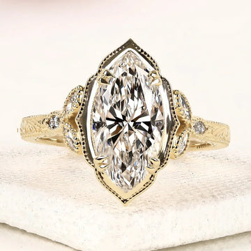 Marquise Cut Lab Grown Diamond Ring with Milgrain Band
