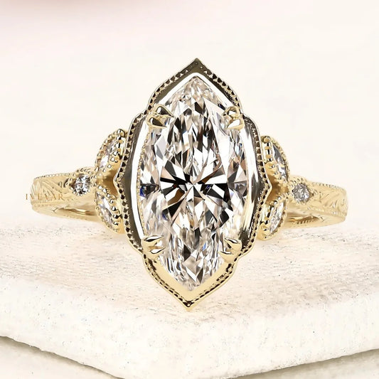 Marquise Cut Lab Diamond Ring with Milgrain Band